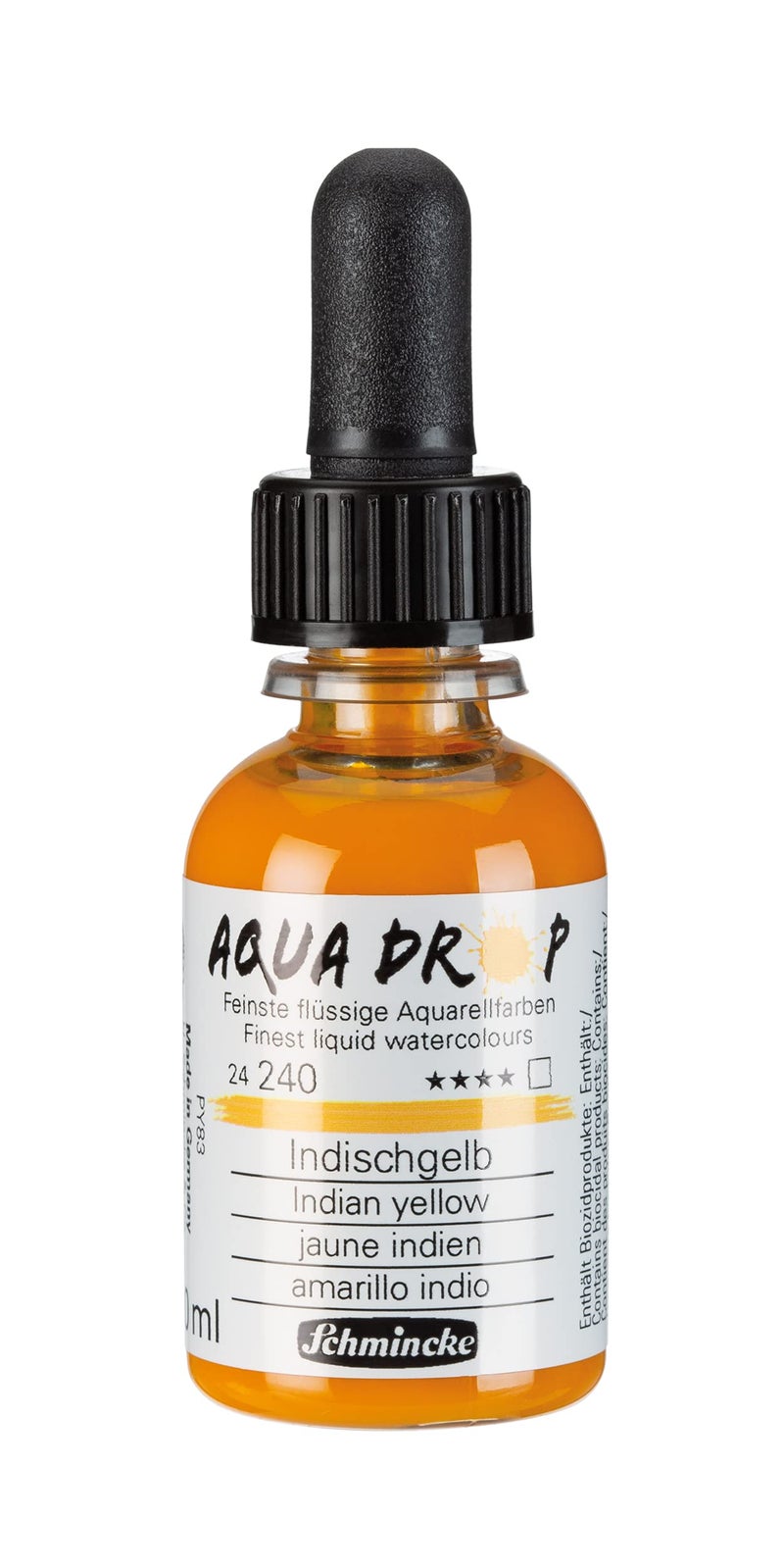 Schmincke - AQUA DROP, liquid, pigment-based watercolour, Indian yellow in 30 ml pipette bottle, 24240034, for watercolorpainting, urban sketching, calligraphy, handlettering, lightfast - Image 1